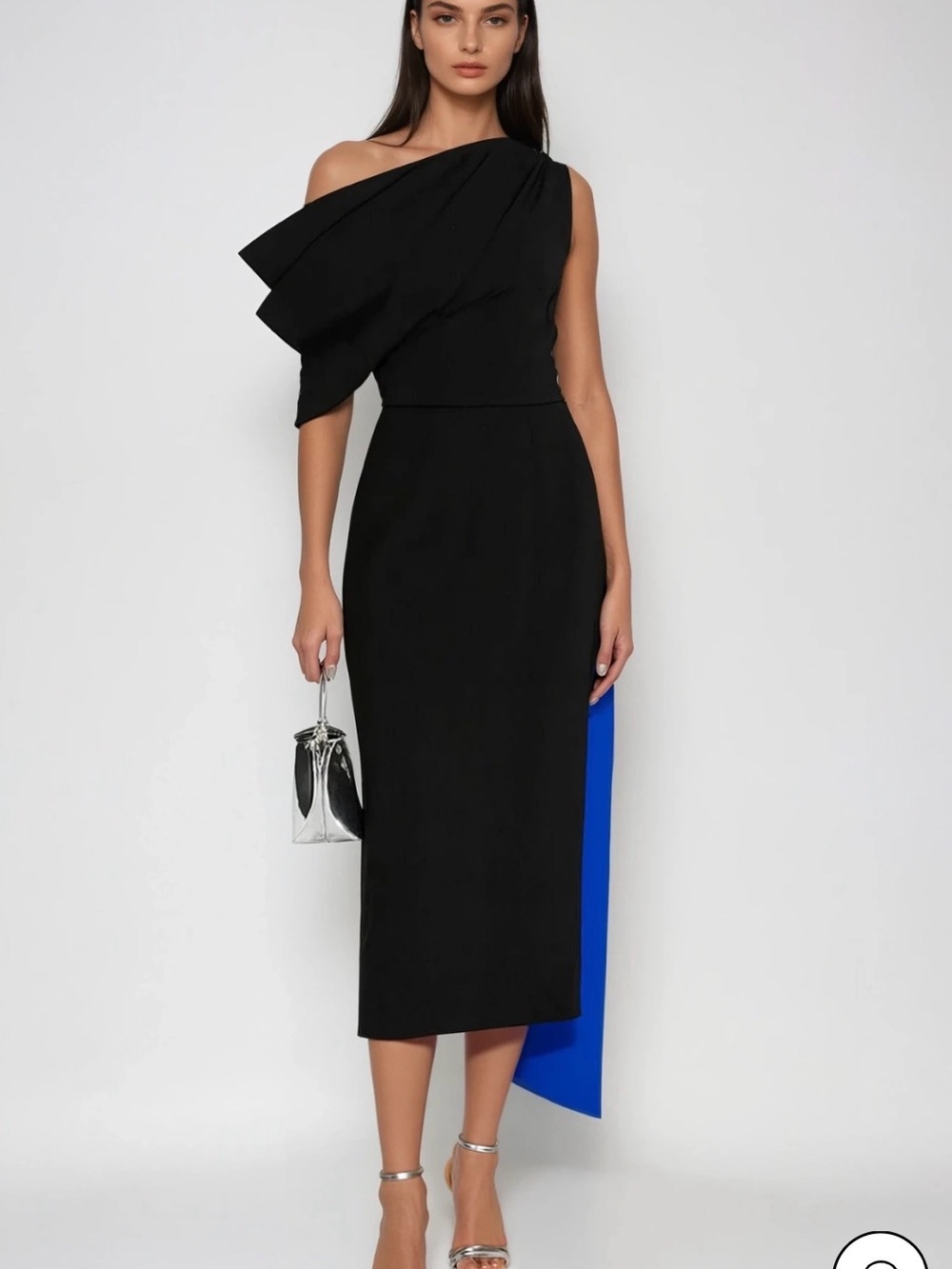 Elegant One-Shoulder Black Midi Dress with Dramatic Draped Sleeve